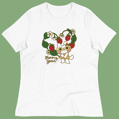 Berry Good Cat Relaxed T-Shirt in White