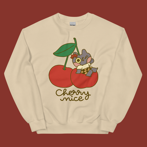 Cherry Nice Cat Unisex Sweatshirt in Tan