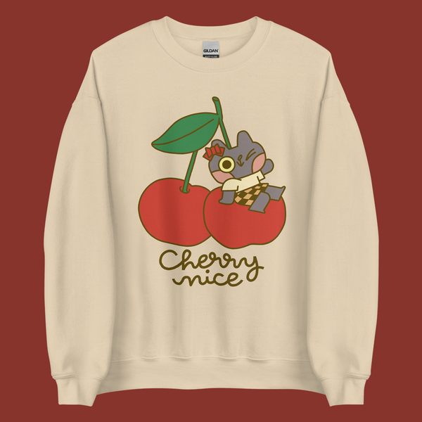 Cherry Nice Cat Unisex Sweatshirt in Tan