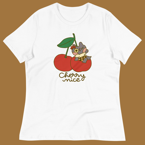 Cherry Nice Cat Relaxed T-Shirt in White