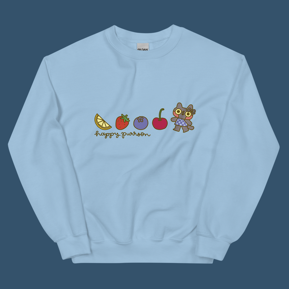 Happy Purrson Fruit Parade Cat Unisex Sweatshirt in Sky Blue