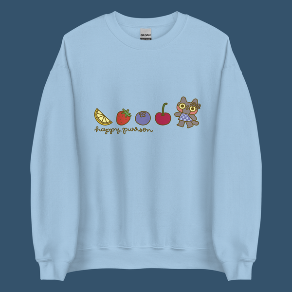 Happy Purrson Fruit Parade Cat Unisex Sweatshirt in Sky Blue