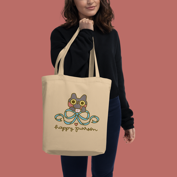 Happy Purrson Bow Cat Organic Cotton Tote Bag