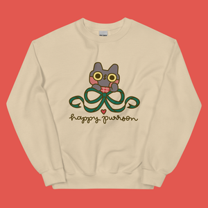 Happy Purrson Holiday Bow Cat Sweatshirt in Tan