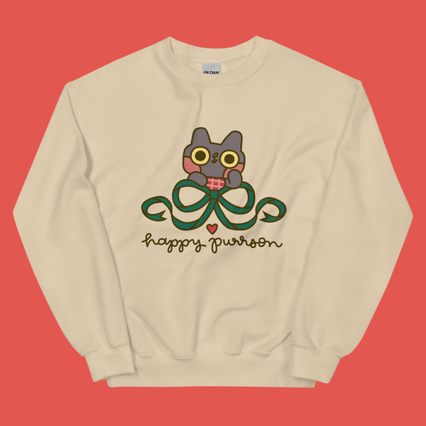 Happy Purrson Holiday Bow Cat Sweatshirt in Tan