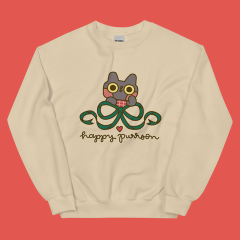 Happy Purrson Holiday Bow Cat Sweatshirt in Tan