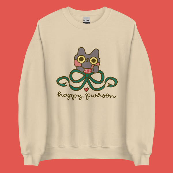 Happy Purrson Holiday Bow Cat Sweatshirt in Tan