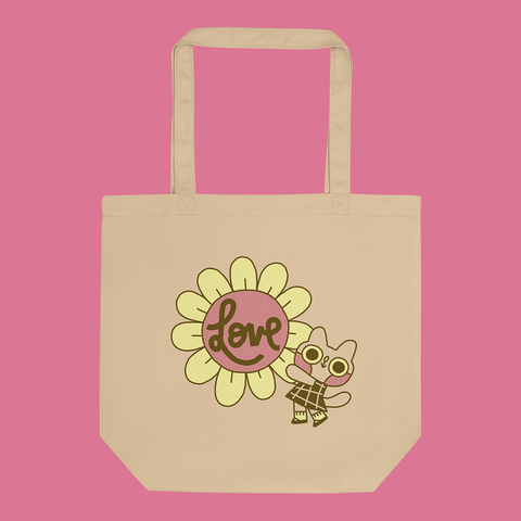 Flower Cat Love Cursive Organic Cotton Tote Bag