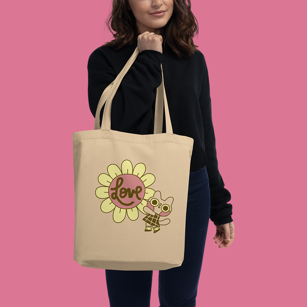 Flower Cat Love Cursive Organic Cotton Tote Bag