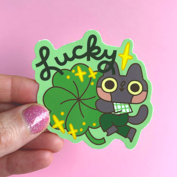 Lucky Clover Cat Glossy Waterproof Vinyl Die Cut Sticker