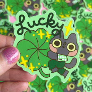 Lucky Clover Cat Glossy Waterproof Vinyl Die Cut Sticker