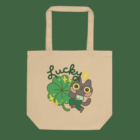 Lucky Clover Cat Organic Cotton Tote Bag