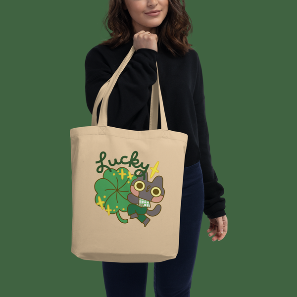 Lucky Clover Cat Organic Cotton Tote Bag