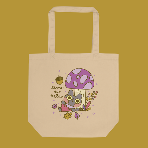Time To Relax Mushroom Cat Organic Cotton Tote Bag