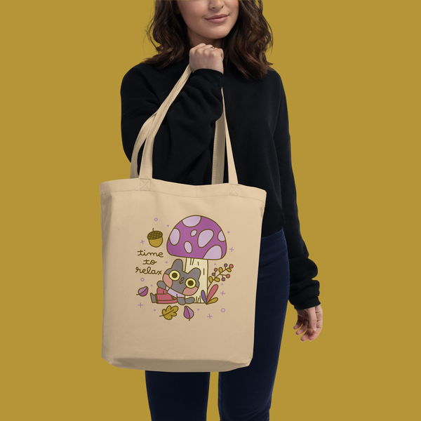 Time To Relax Mushroom Cat Organic Cotton Tote Bag