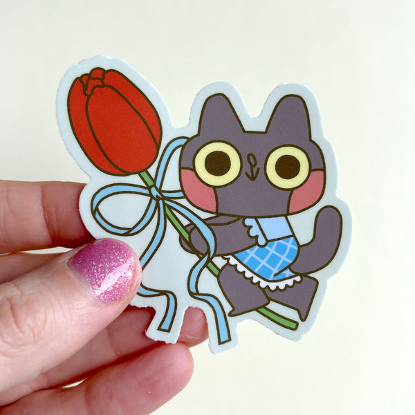 Spring Tulip Cat Glossy Waterproof Vinyl Die Cut Sticker